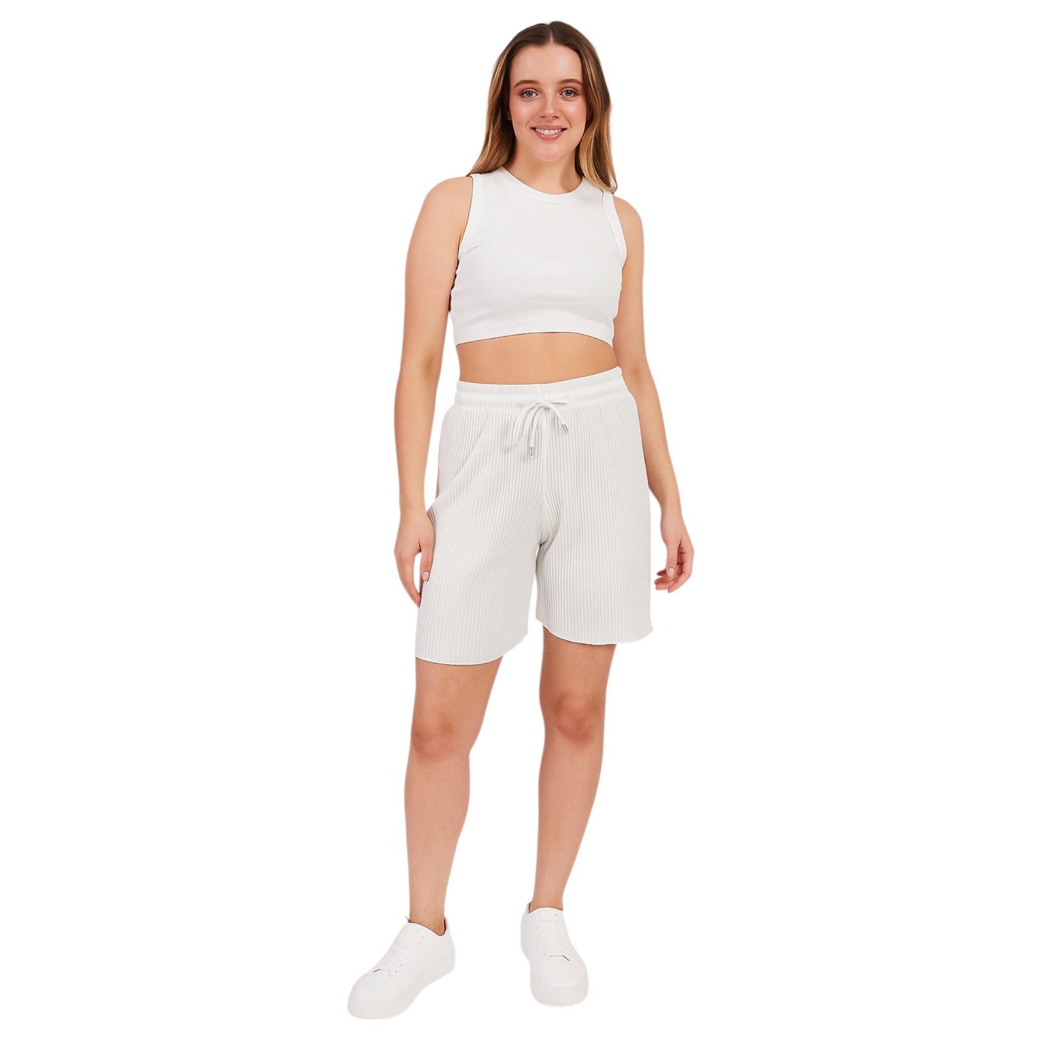 Women's pleated lounge shorts in white with drawstring waist – soft casual summer shorts